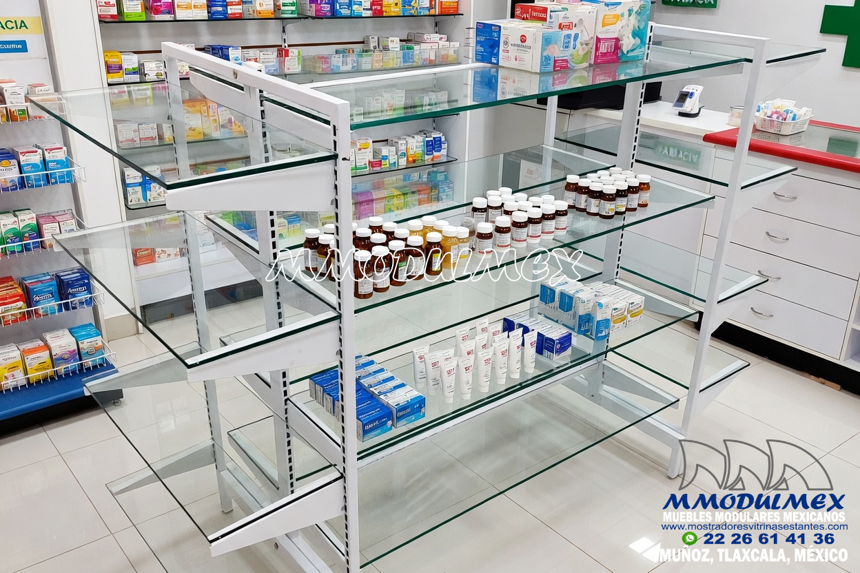 Gondola Ligera Para Farmacias Entrepanos De Vidrio